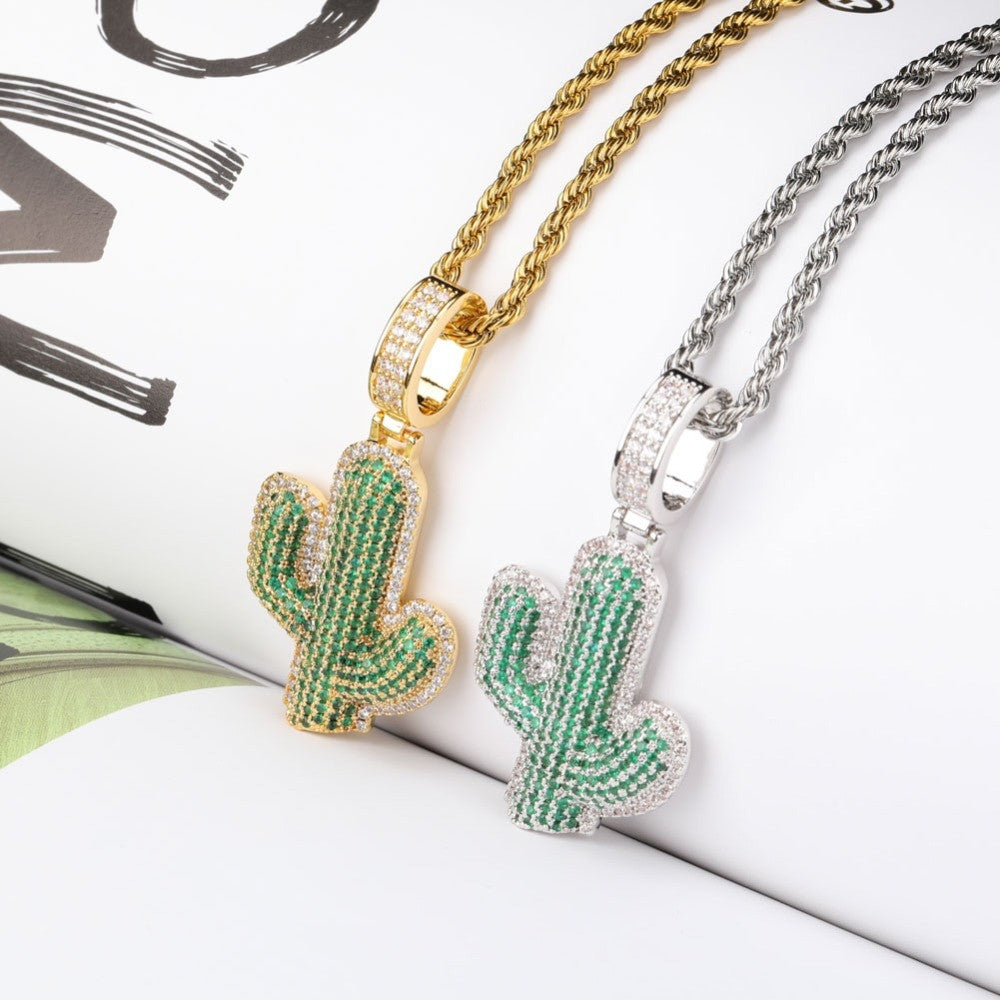 18k Gold 925 Silver Hip Hop Green Cactus Bling Pendant Chain Necklace