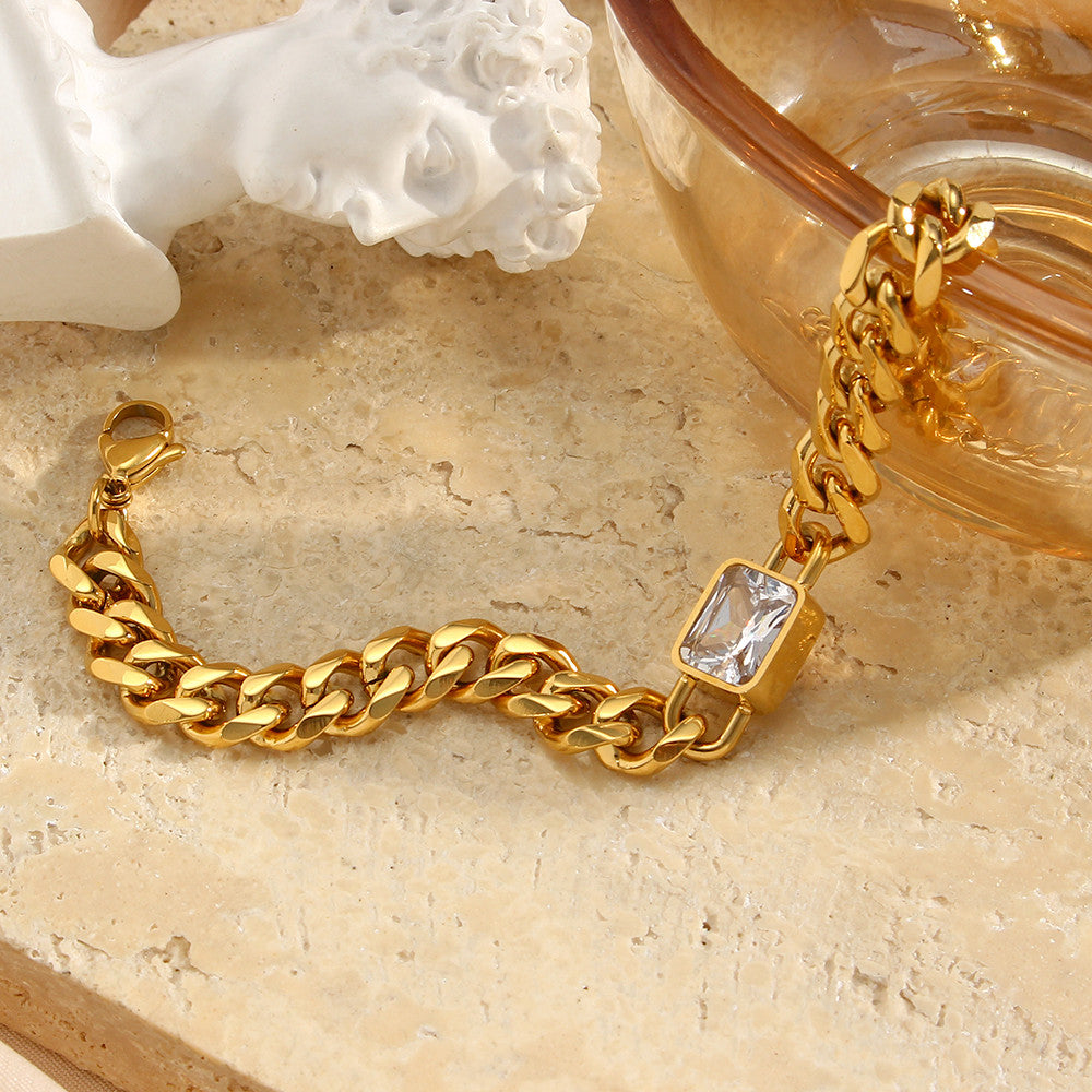 18k Gold Square Cubic Zirconia Black White Green Red Stone Hip Hop Cuban Chain Bracelet