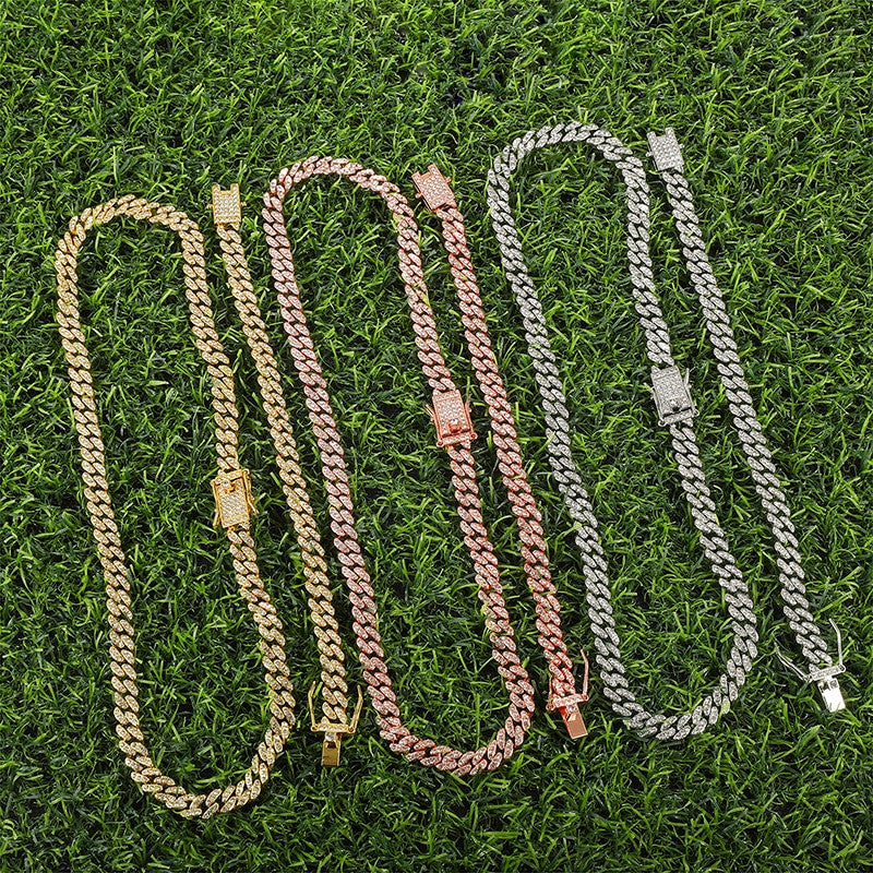 Hip Hop AAA Bling 8MM Prong Set Miami Cuban Link 14k Rose Gold Silver Bling Chain Necklace