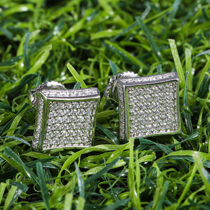 14k Gold 925 Silver Hip Hop Full AAA Micro Paved Squared Corner Bling Earrings