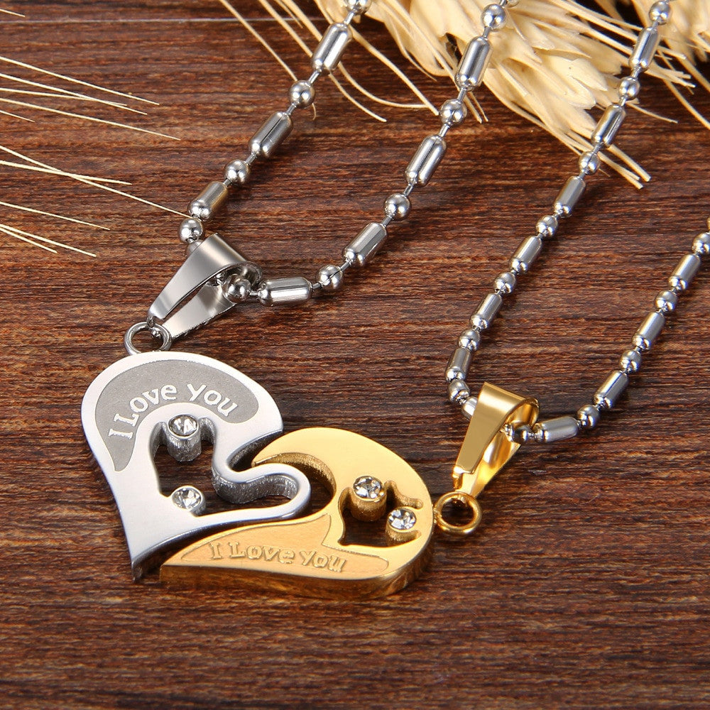 2 Piece Matching Couples Lovers No Tarnish Stainless Steel I Love You Heart Chain Necklace