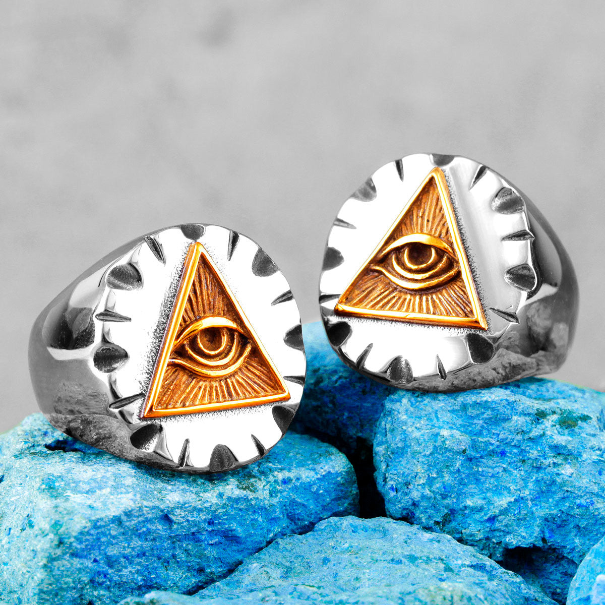All Seeing Eye No Fade Stainless Steel 14k Gold Accented Illuminati Triangle Rings