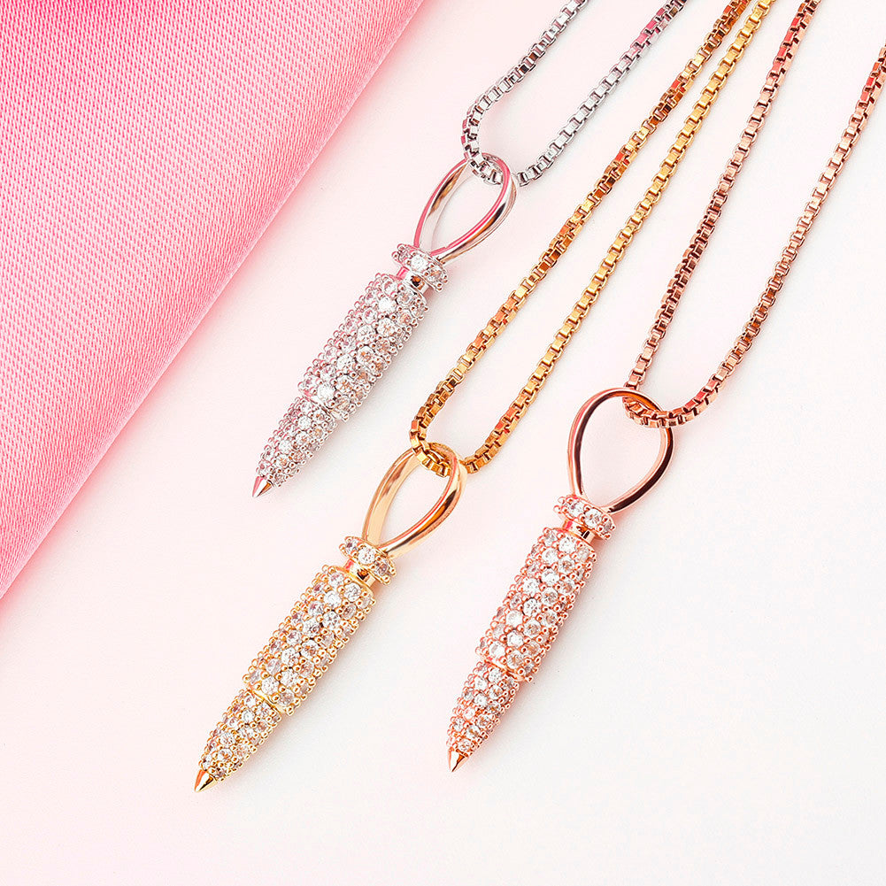 Flooded Ice Solid .925 Sterling Silver Rose 14k Gold Bullet Case Pendant Chain Necklace