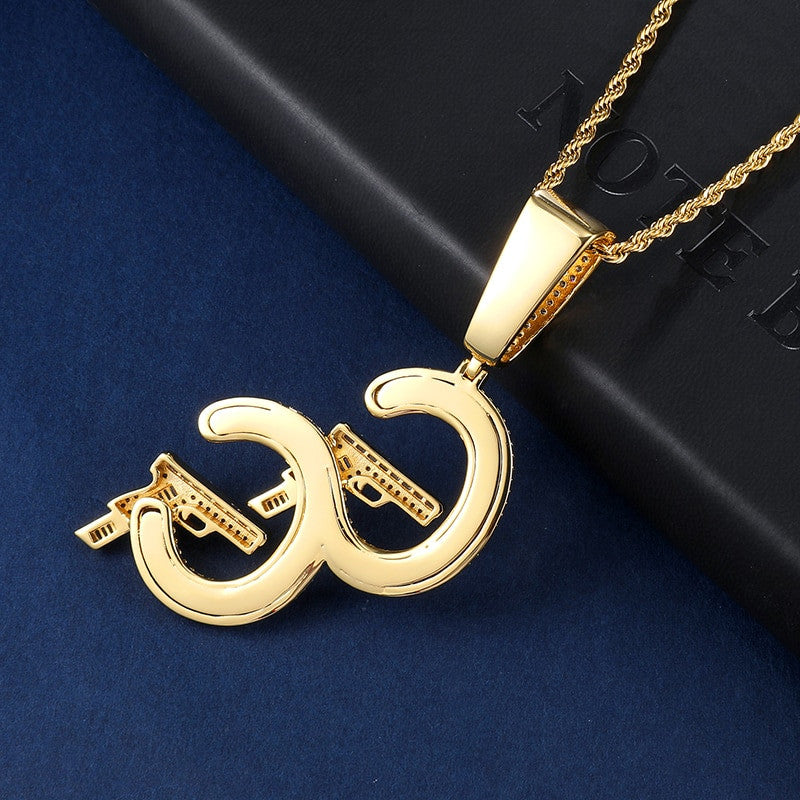 Princess Cut Double G Pistol AAA Micro Pave 18k Gold .925 Silver Hip Hop Pendant Chain Necklace