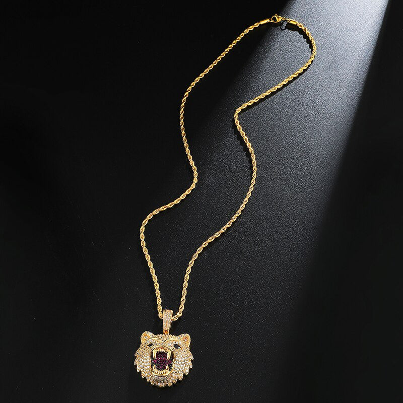 Hip Hop 14k Gold White Gold Flooded Ice Wolf Head Bling Pendant Chain Necklace