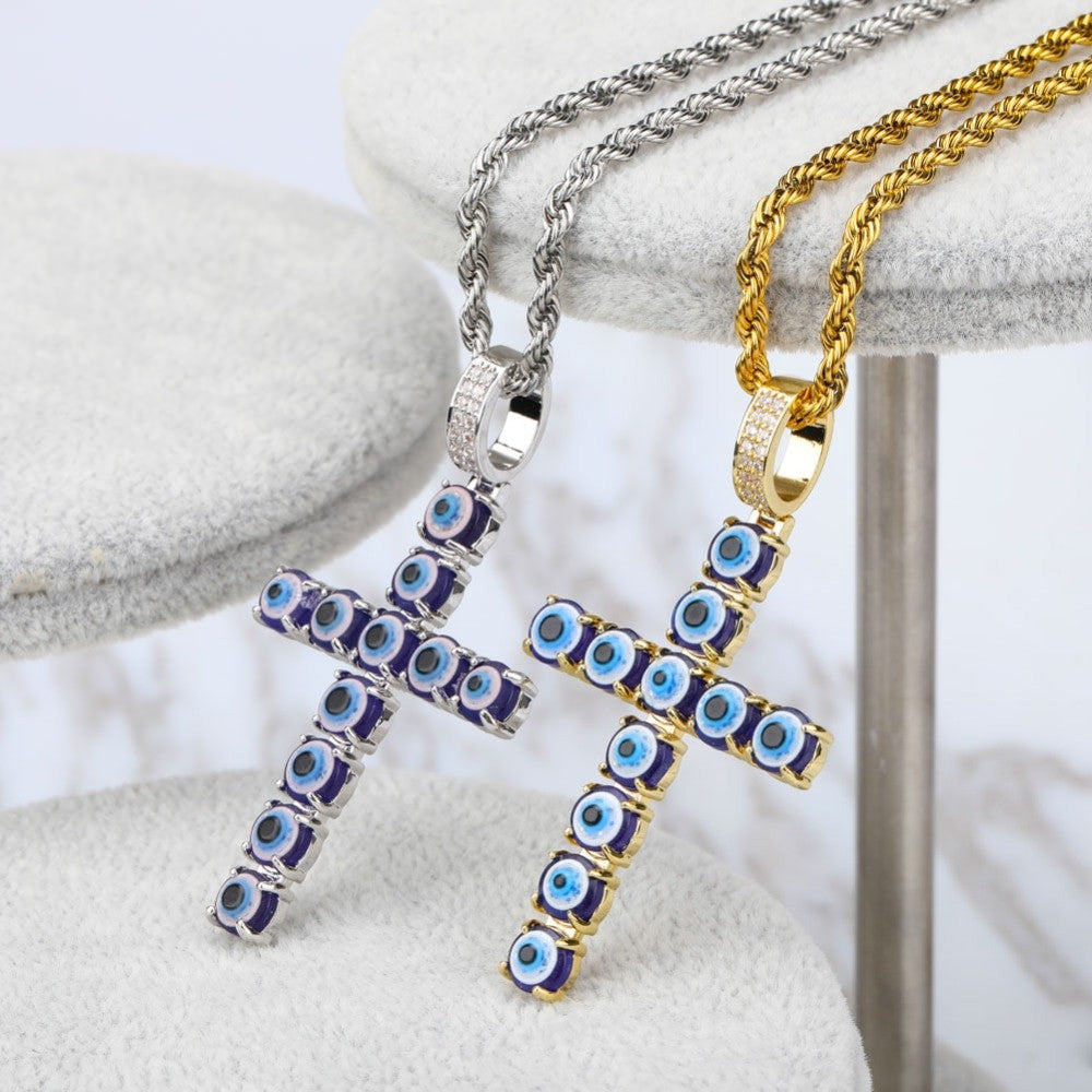 Persian Blue Eye 14k Gold Silver Hip Hop Cross Pendant