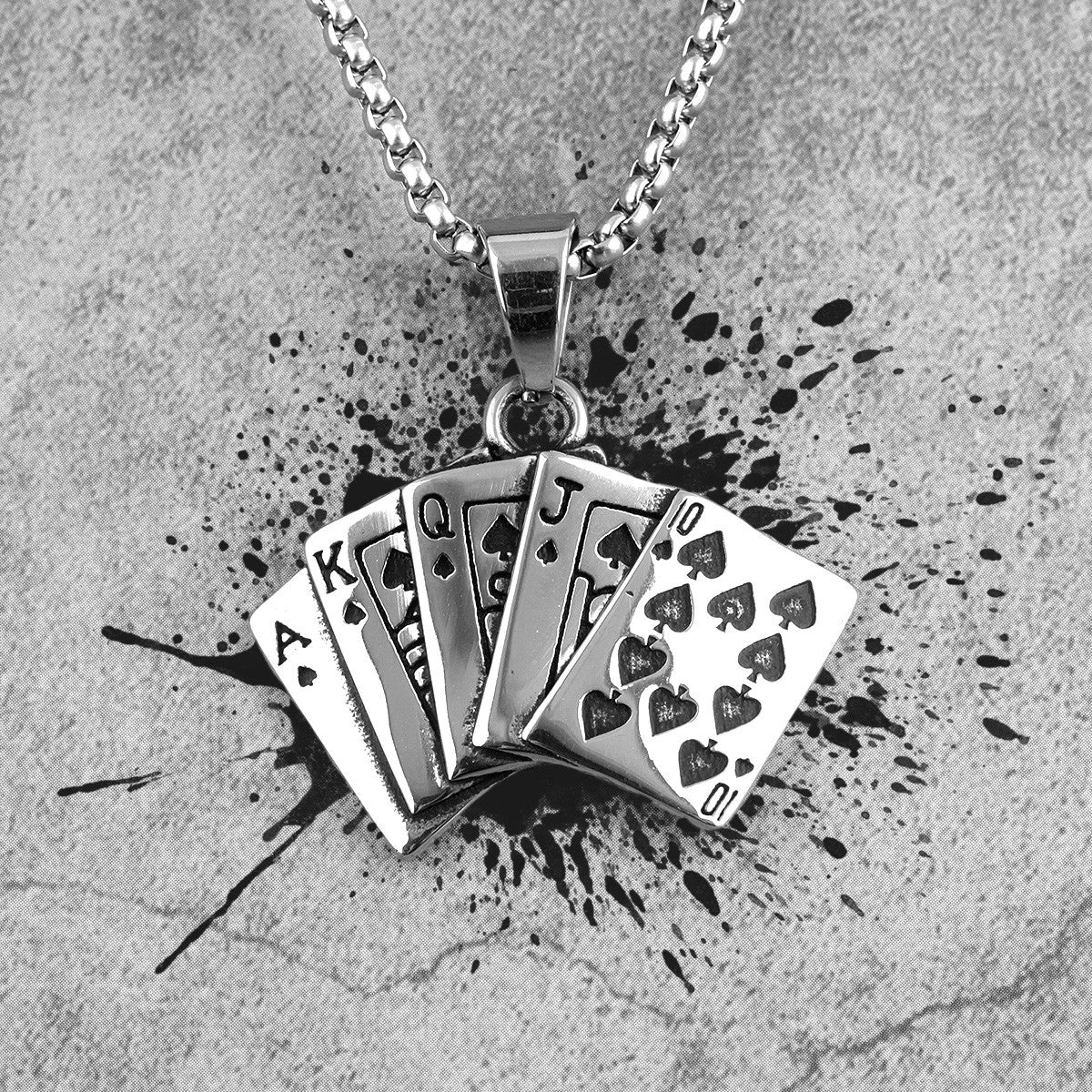 316L No Fade Stainless Steel Straight Flush Poker Hand Street Wear Pendant Chain