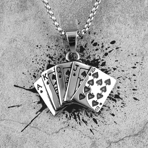 316L No Fade Stainless Steel Straight Flush Poker Hand Street Wear Pendant Chain