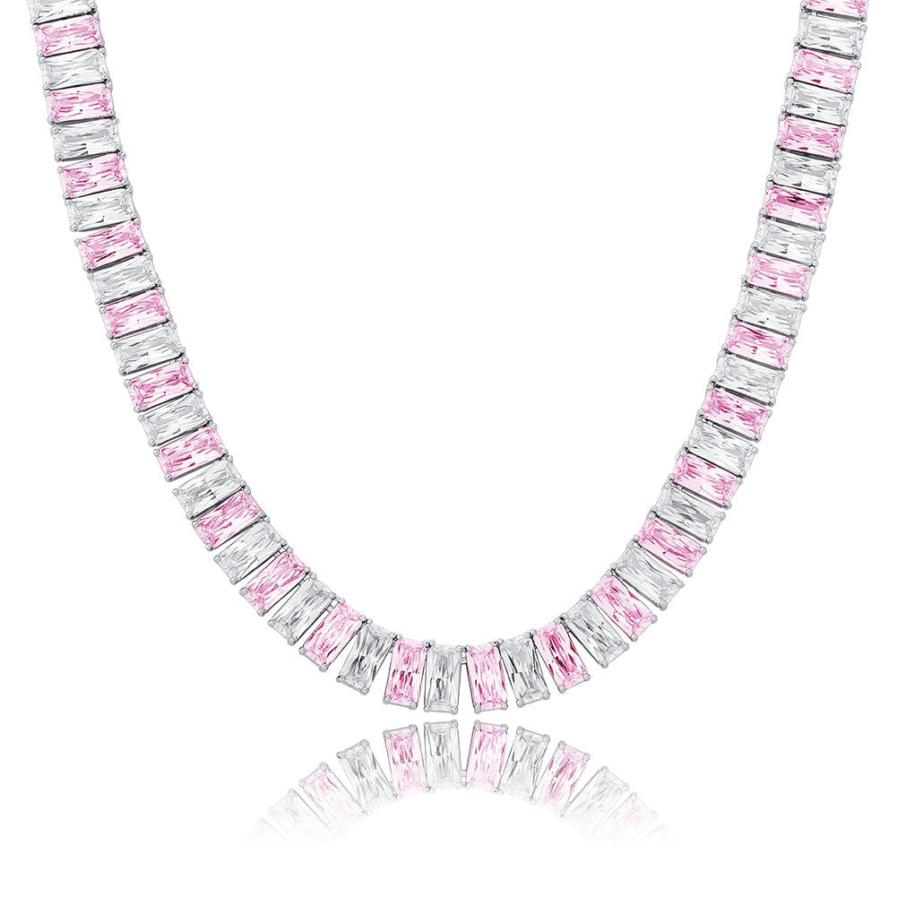 Pink Ice 10mm 14k Gold 925 Silver Baguette Chain Necklace