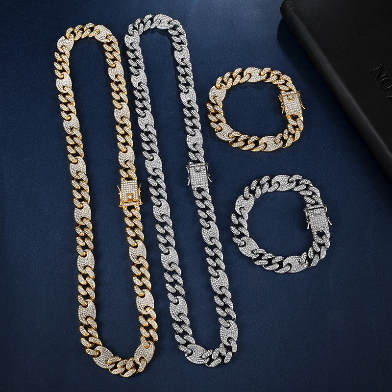 Fully Iced 12mm Flat Cuban Link Chain Necklace Bracelet 18k Gold .925 Silver Jewelry Set