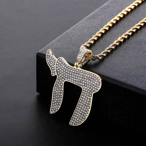 AAA Micro Pave Stone 14k Gold Stone Jewish Symbol Chai Pendant Chain Necklace