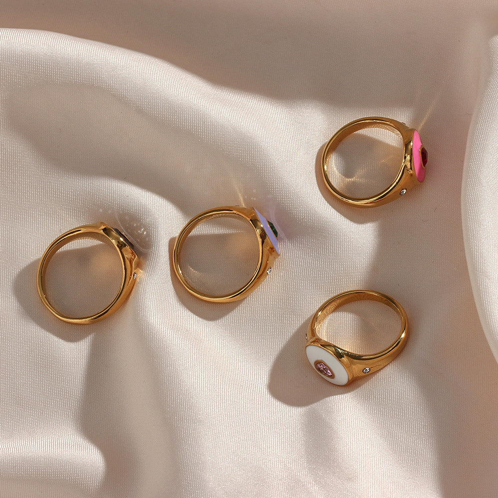 Black Purple Pink CZ Heart Stone 18k Gold Stainless Steel Waterproof Bling Rings