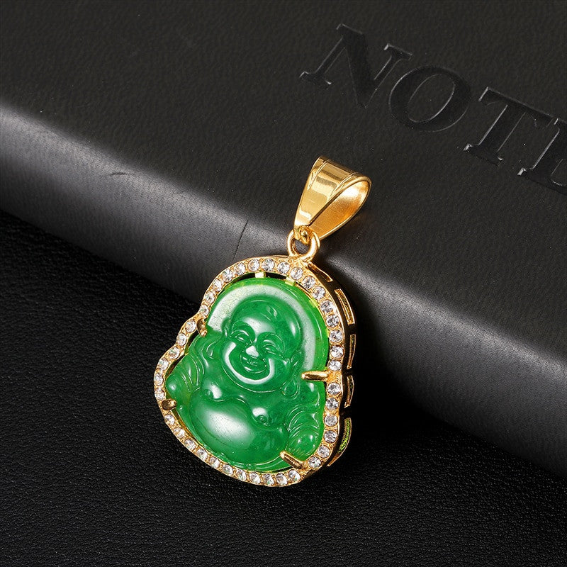 14k Gold over Titanium Steel Buddha Simulate Diamond Bling Pendant Chain Necklace