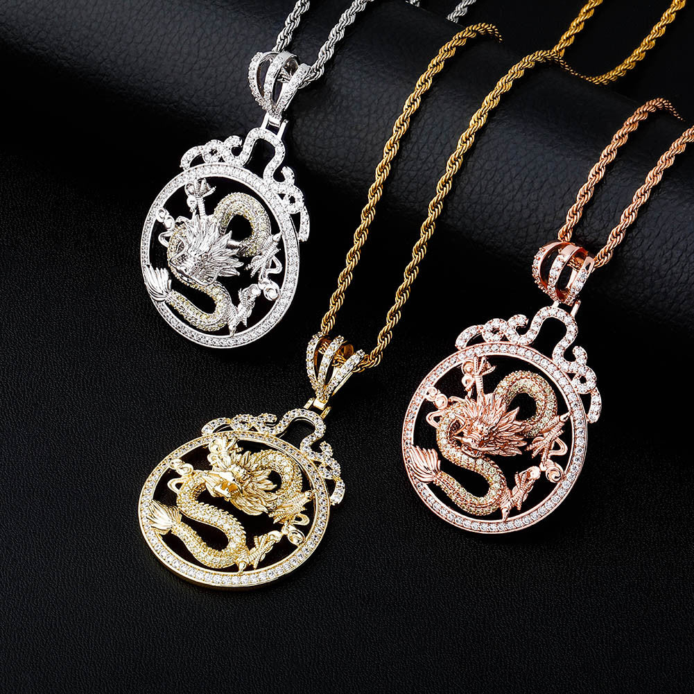 925 Silver Rose Gold 14k Chinese Style Hip Hop Fashion Dragon Pendant Chain Necklace