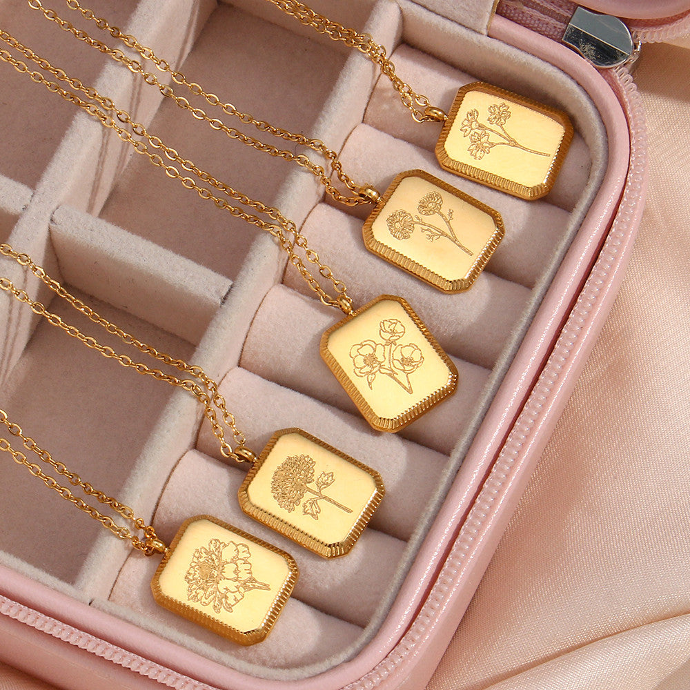 18k Gold Waterproof Stainless Steel Square Flower Birthstone Necklaces