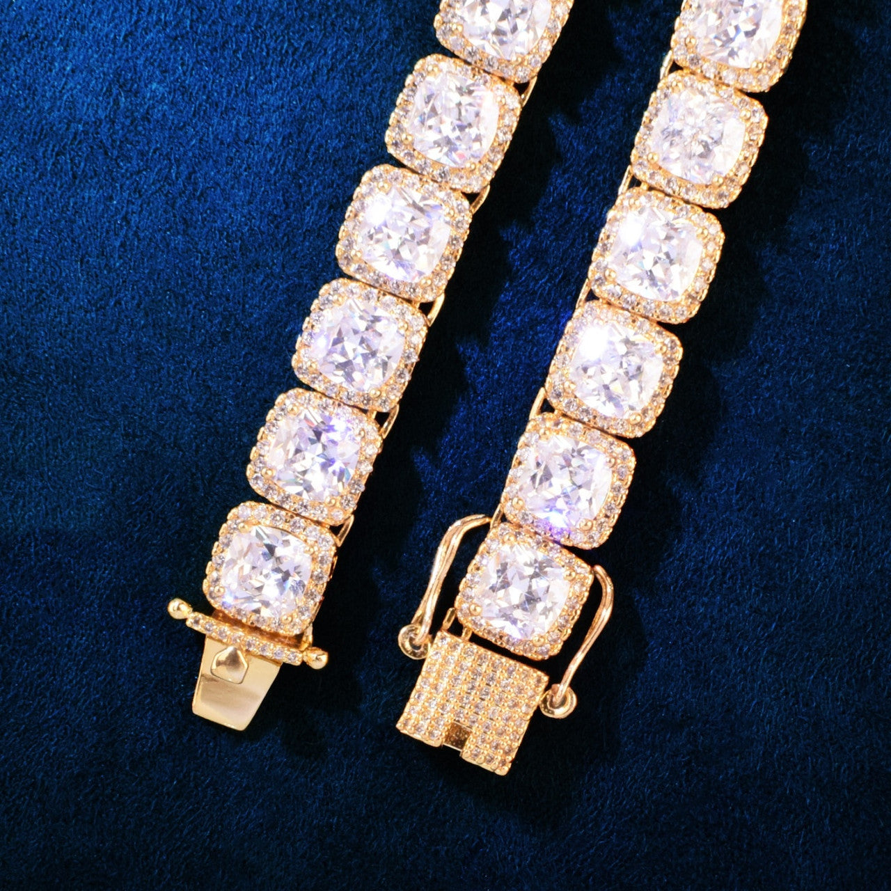 18k Gold Silver Rose Mens 10mm Square Clustered Caged Back Hip Hop Flooded Ice Chain