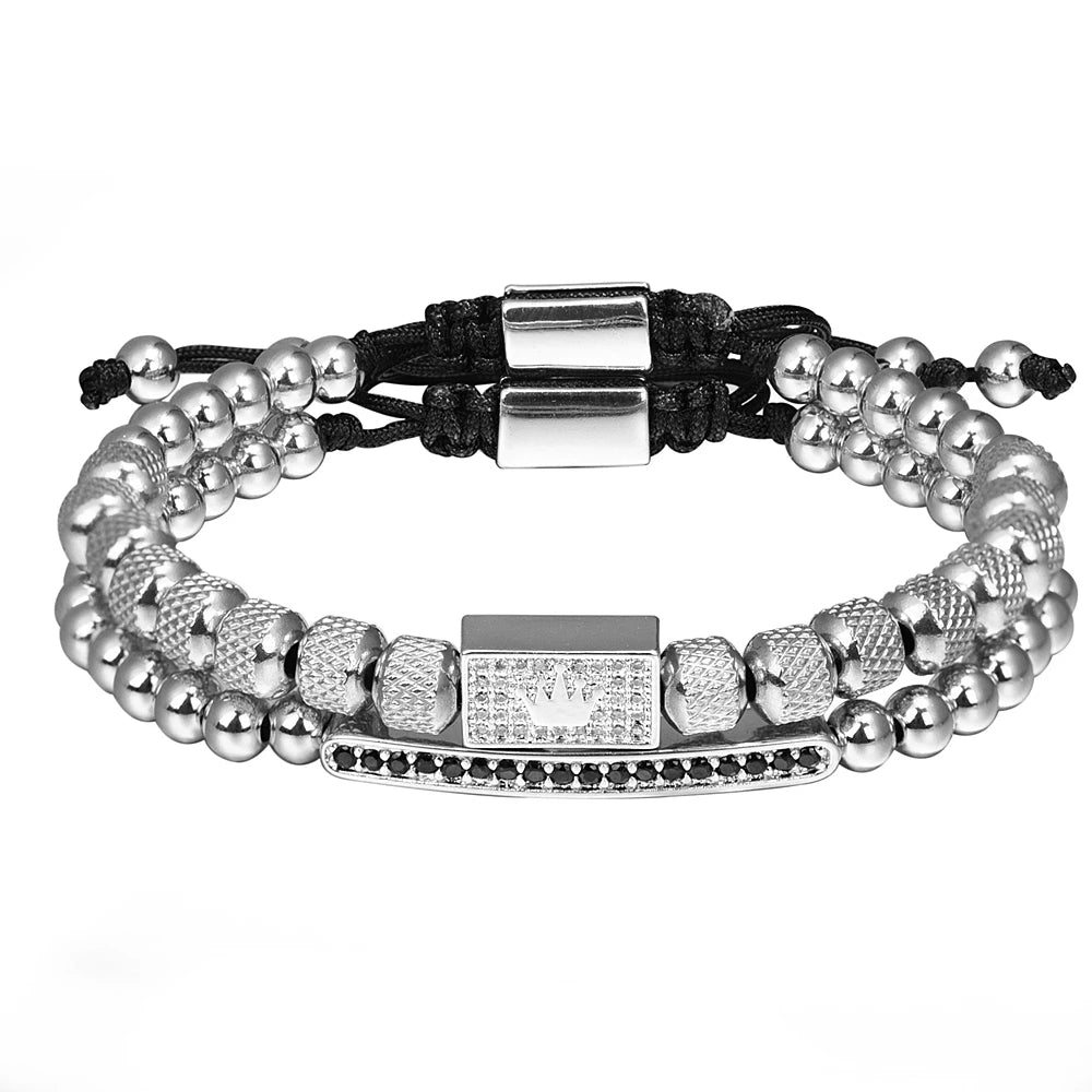 Two Piece | VVS Diamond CZ Stainless Steel 18k Gold Kings 2 Piece Bracelet Set