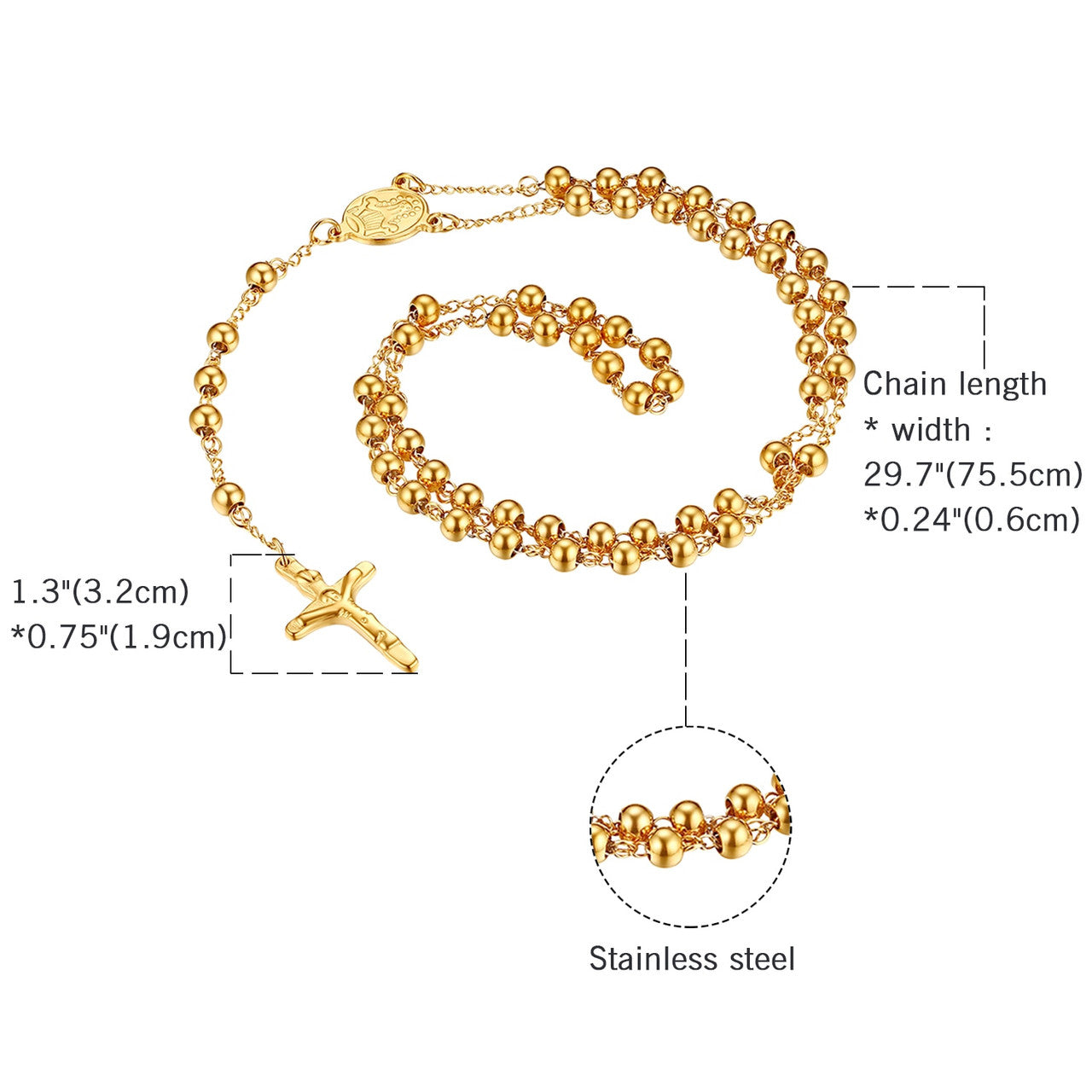 Vintage Look Classic Style Stainless Steel No Fade Rosary Beads Jesus Christ Crucifix Cross Pendant