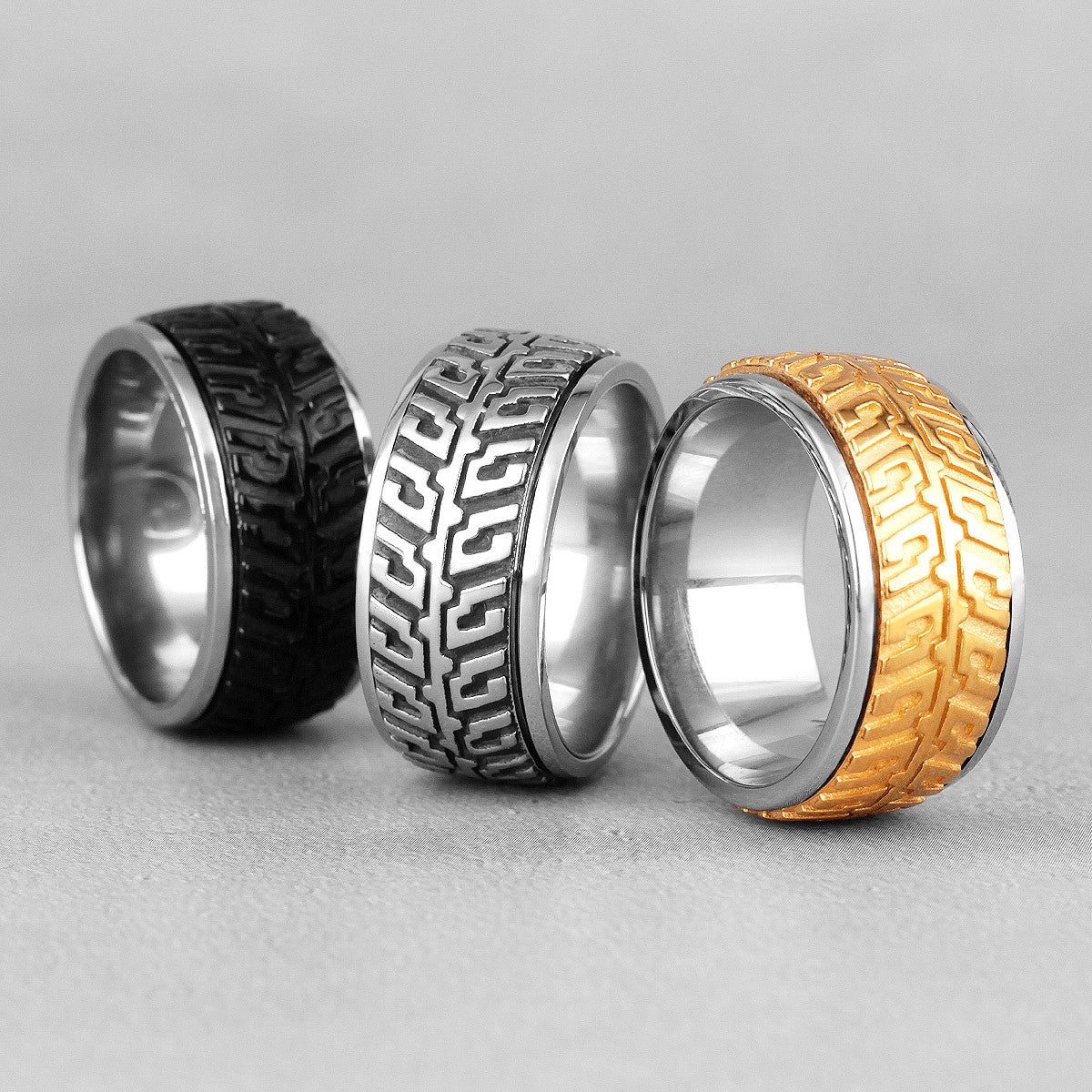 Mens Rotatable Car Tire Tread Black Gold Silver No Fade Stainless Steel Street Wear Rings