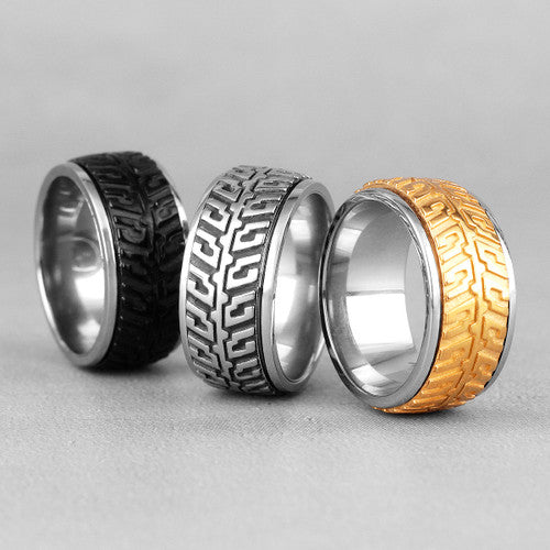 Mens Rotatable Car Tire Tread Black Gold Silver No Fade Stainless Steel Street Wear Rings