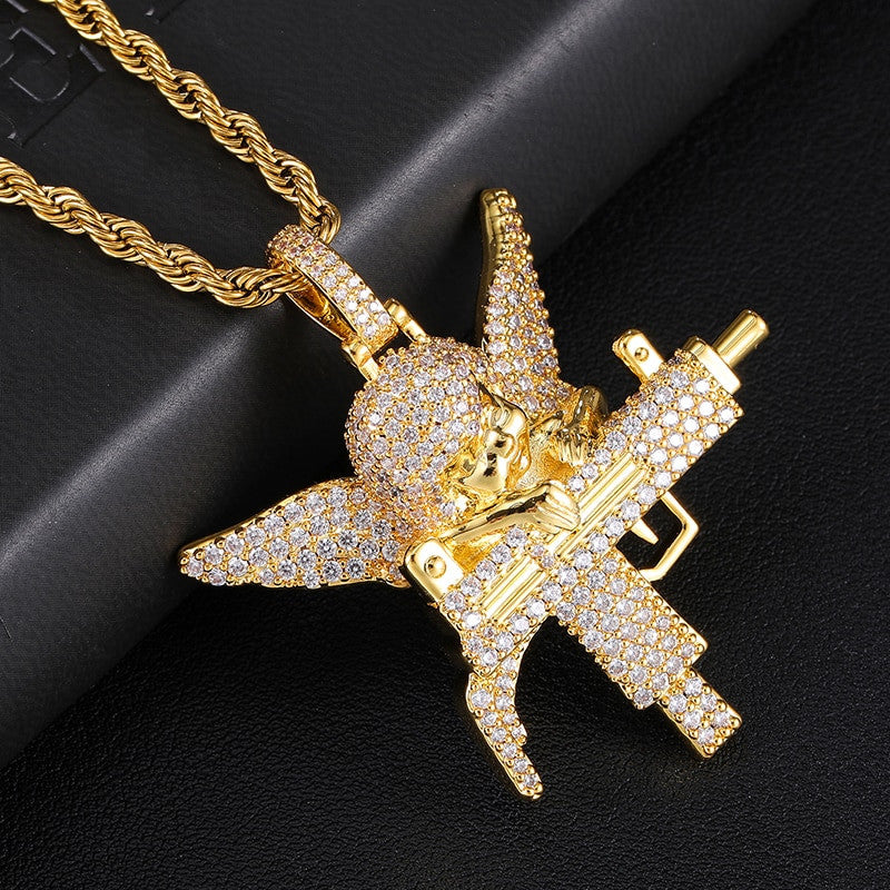 Flooded Ice Uzi Machine Hip Hop Guardian Angel Bling Pendant Chain Necklace