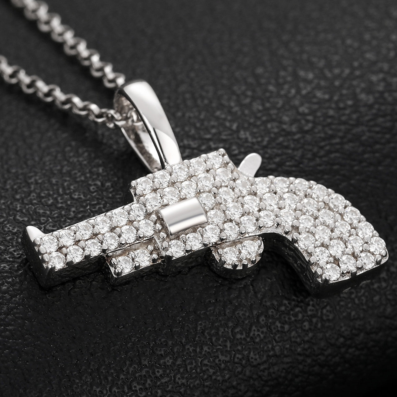 Solid 925 Silver Genuine VVS Diamond Wild West Revolver Hip Hop Pendant Chain Necklace