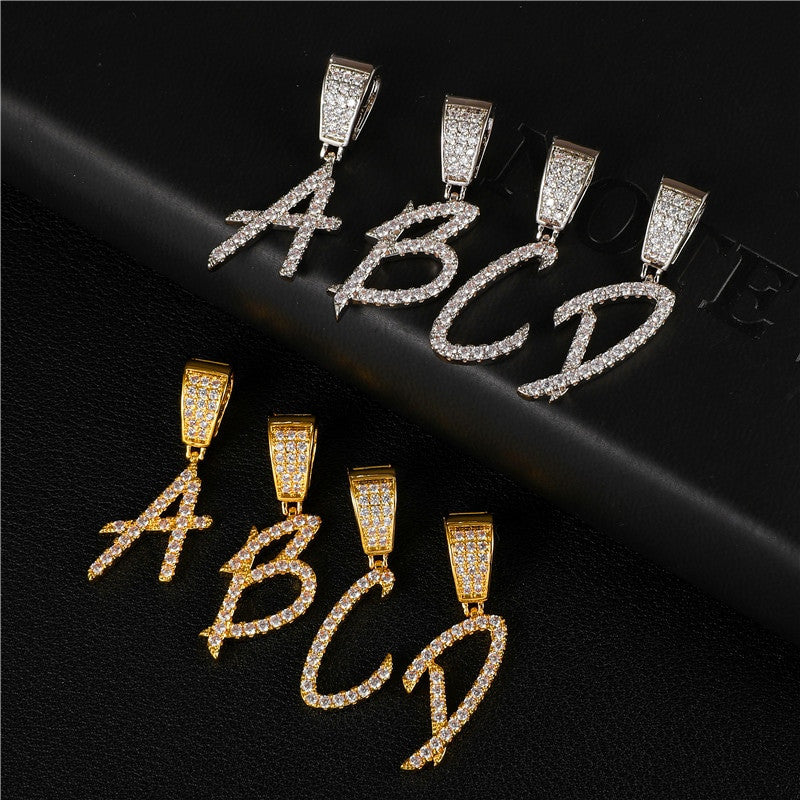 AAA Micro Pave Prong Set Stone Flooded Ice Script Initial Letter Pendant Chain Necklaces