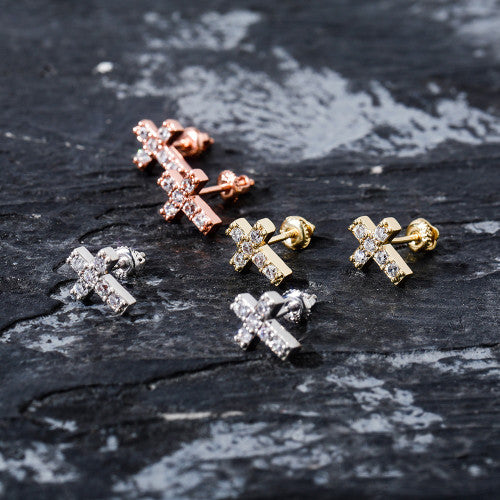 Hip Hop Simulate Diamond Holy Cross .925 Silver 14k Rose Gold Silver Bling Earrings