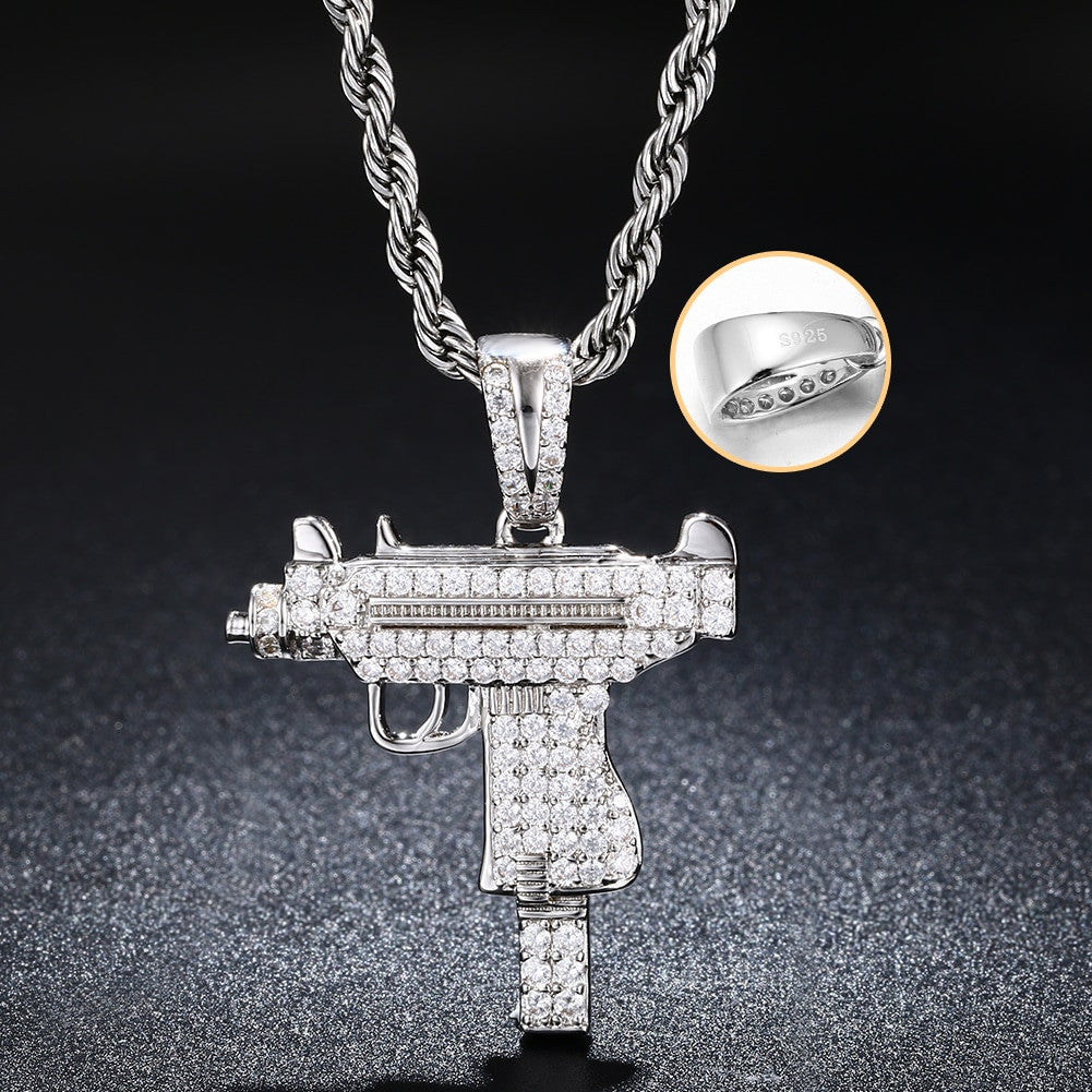 Solid 925 Sterling Silver UZI Machine 5A Diamond Simulate Hip Hop Pendant Chain