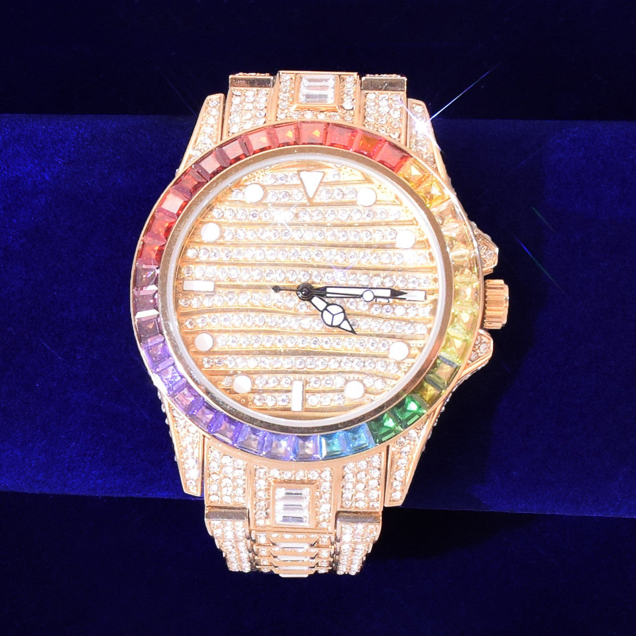 18k 925 Mens Big Boy Colorful Flooded Ice Stone Rainbow Bezel Wrist Watch