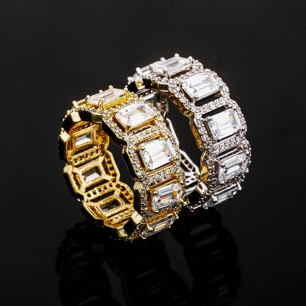 Flooded Ice White Yellow Gold Four Prong Baguette Claw Street Wear Bling Rings