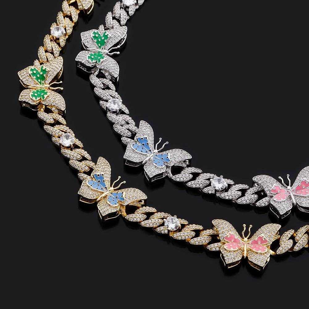 Ladies Double Color Choker Style Butterfly Cuban Link Chain Necklace