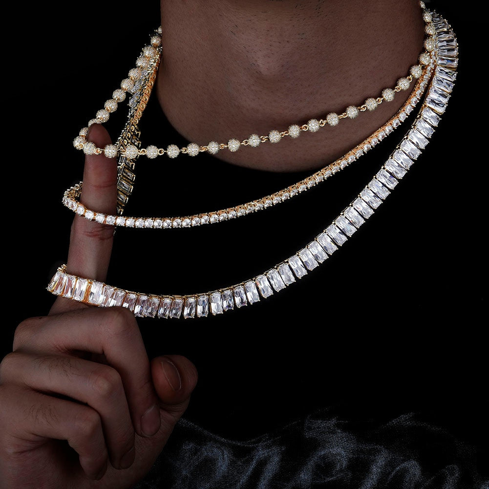 Boss Baller Baguette Ball and Tennis Chain Hip Hop 14k White Yellow Gold Bling Jewelry Set