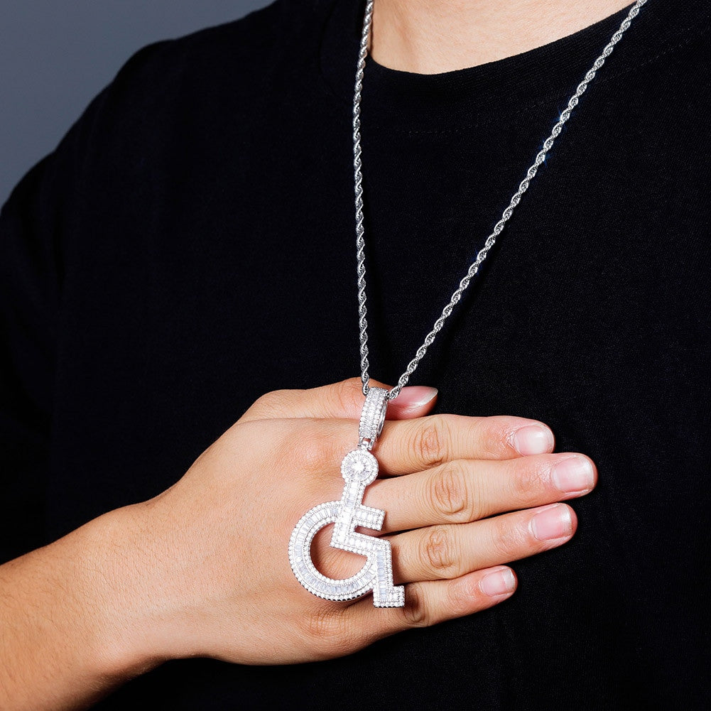 14k Gold 925 Silver Flooded Ice Baguette Wheelchair Baguette Pendant Chain Necklace