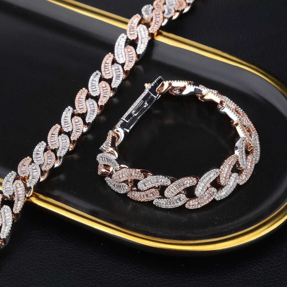 Mens 14mm Hip Hop Fashin Oval Baguette Prong Set Street Wear Bling Link Chain Necklace
