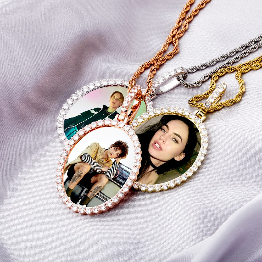 Flooded Iced Oval Custom Photo Picture Selfie Hip Hop Pendant Chain Necklace