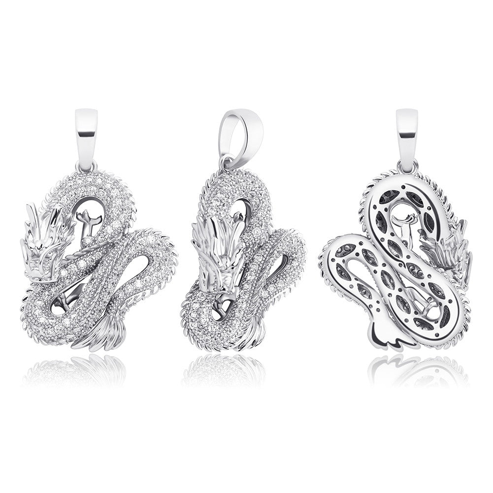 Mens Street Wear Ice Sculptured Detailed Dragon Hip Hop Pendant Chain Necklace