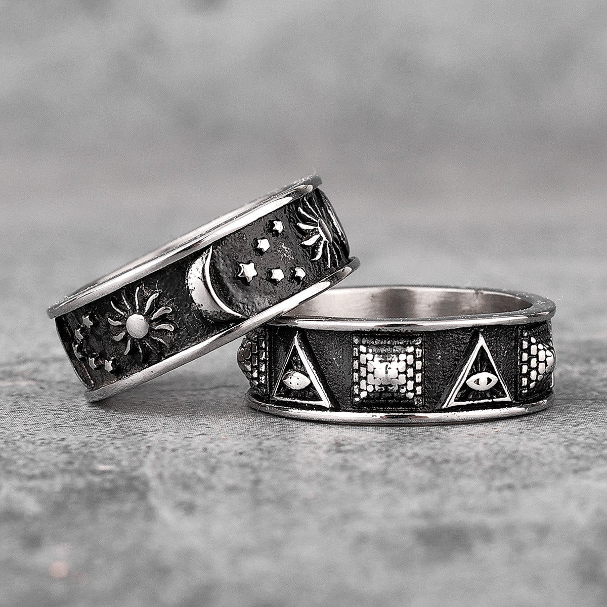 The Universe | Solid No Fade Stainless Steel Pyramid Moon Sun Star Cosmic Rings