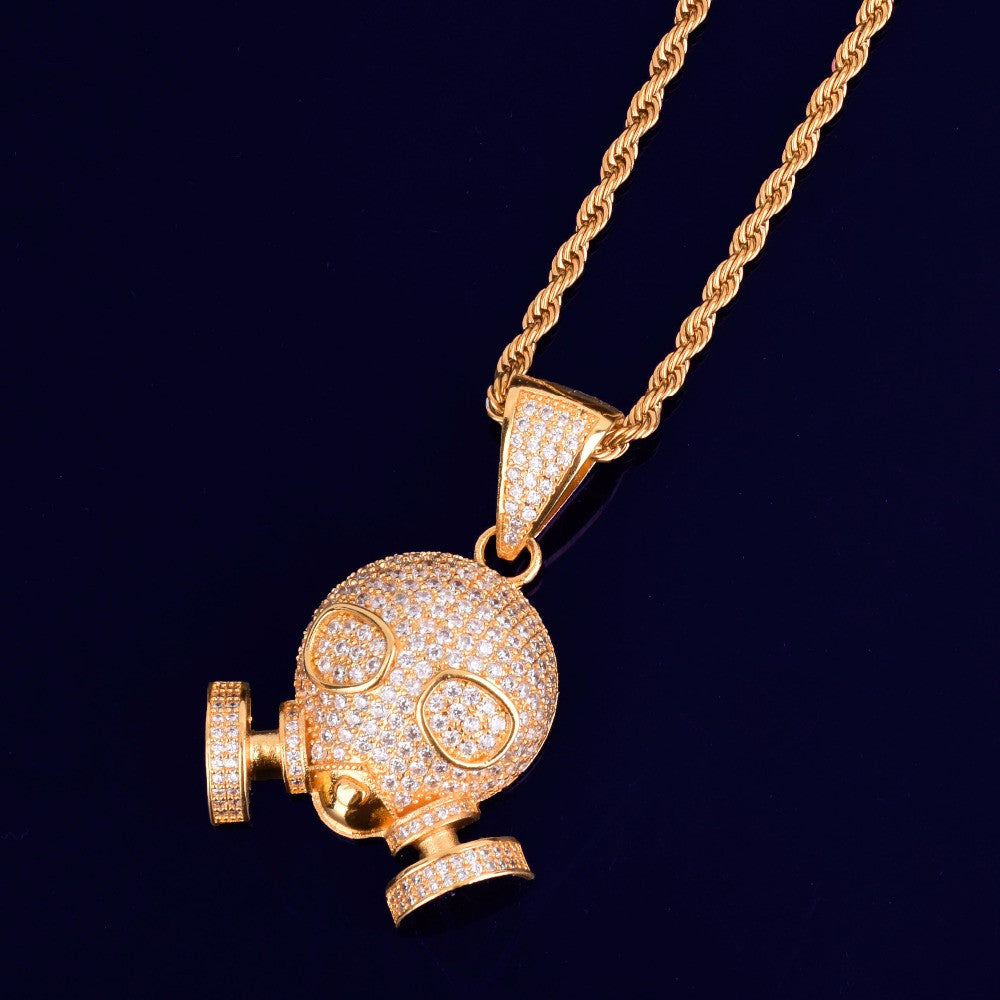 Flooded Ice True Micro Pave Hip Hop Skull Gas Mask 18k Gold .925 Silver Pendant Chain Necklace