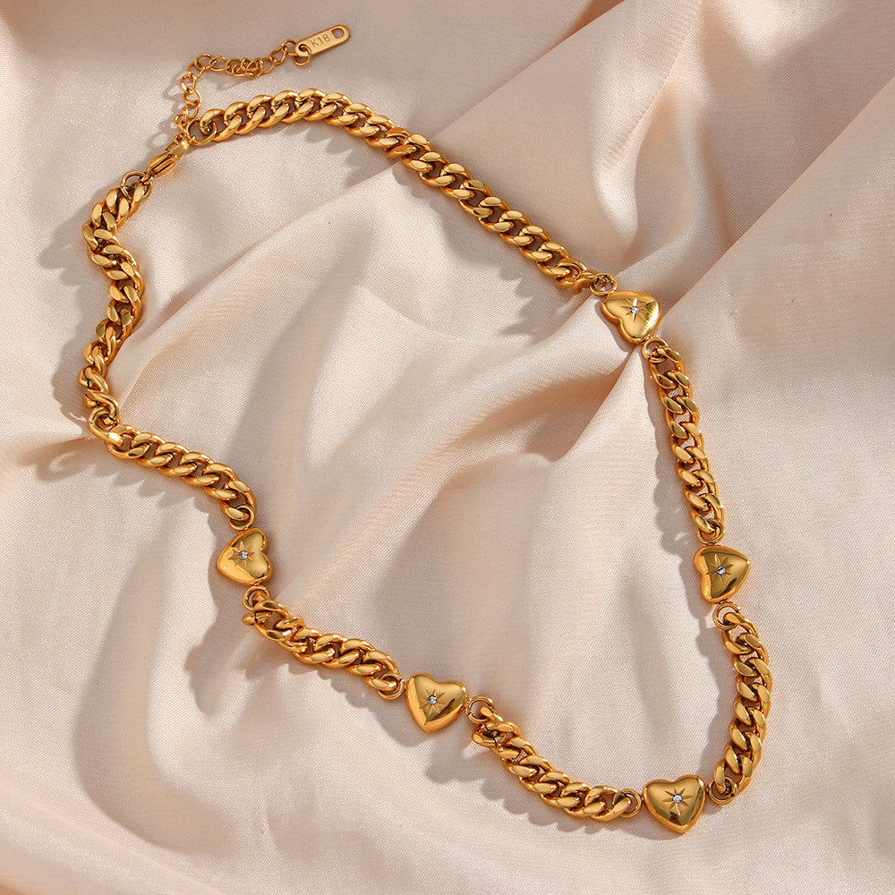 Women's 18k Gold Waterproof Stainless Steel CZ Heart Charm Cuban Chain Necklace