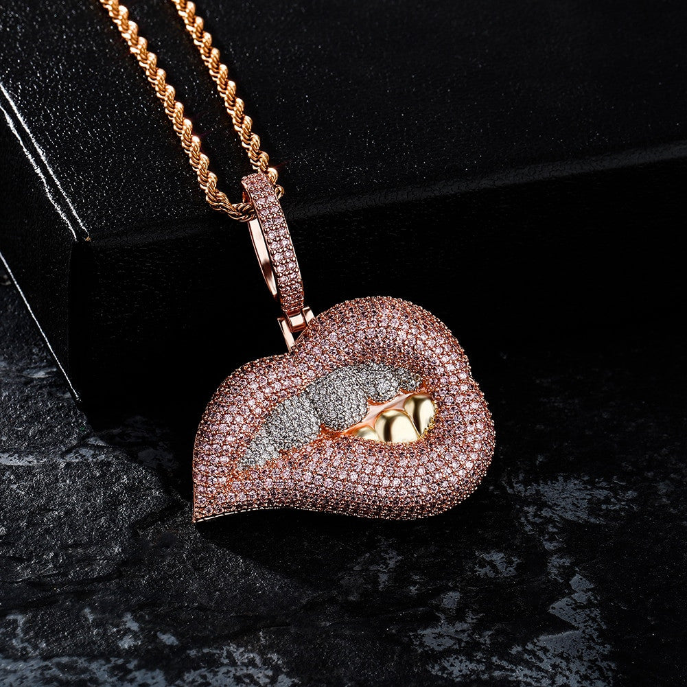 Hip Hop Sexy Ladies Drip Drop Bottom Lip Bite Bling Micro Pave Pendant Chain Necklace