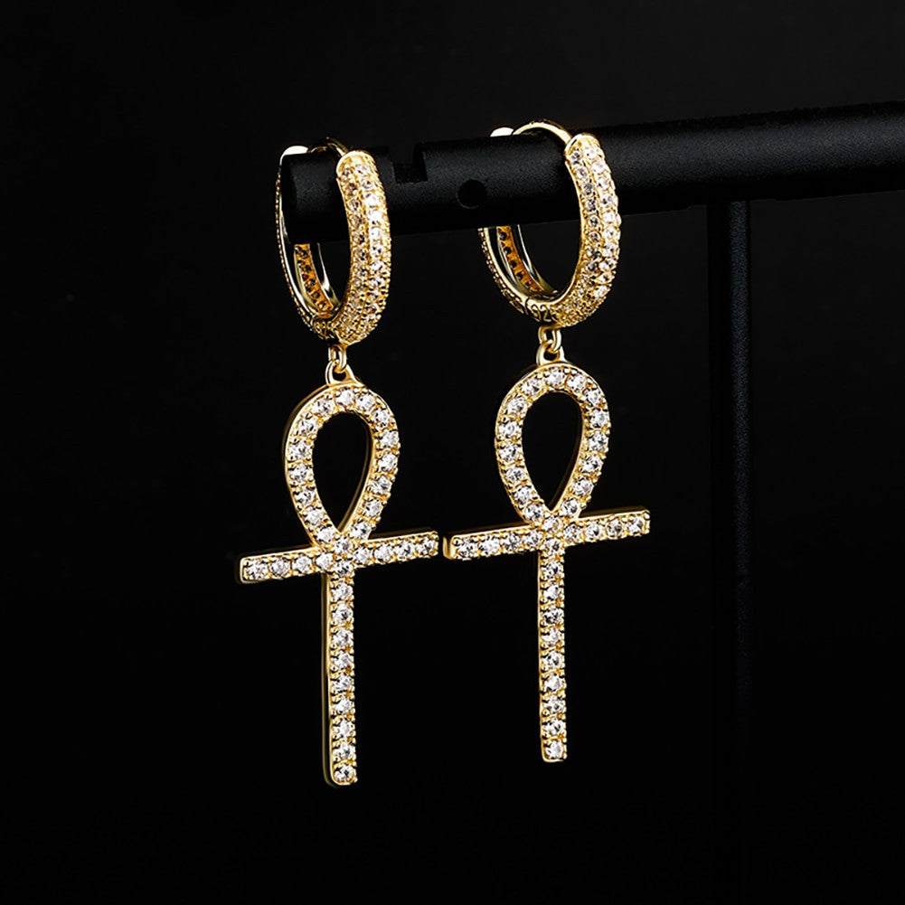 925 Sterling Silver over 14k Gold Original Ankh Cross Huggie Style Bling Earrings