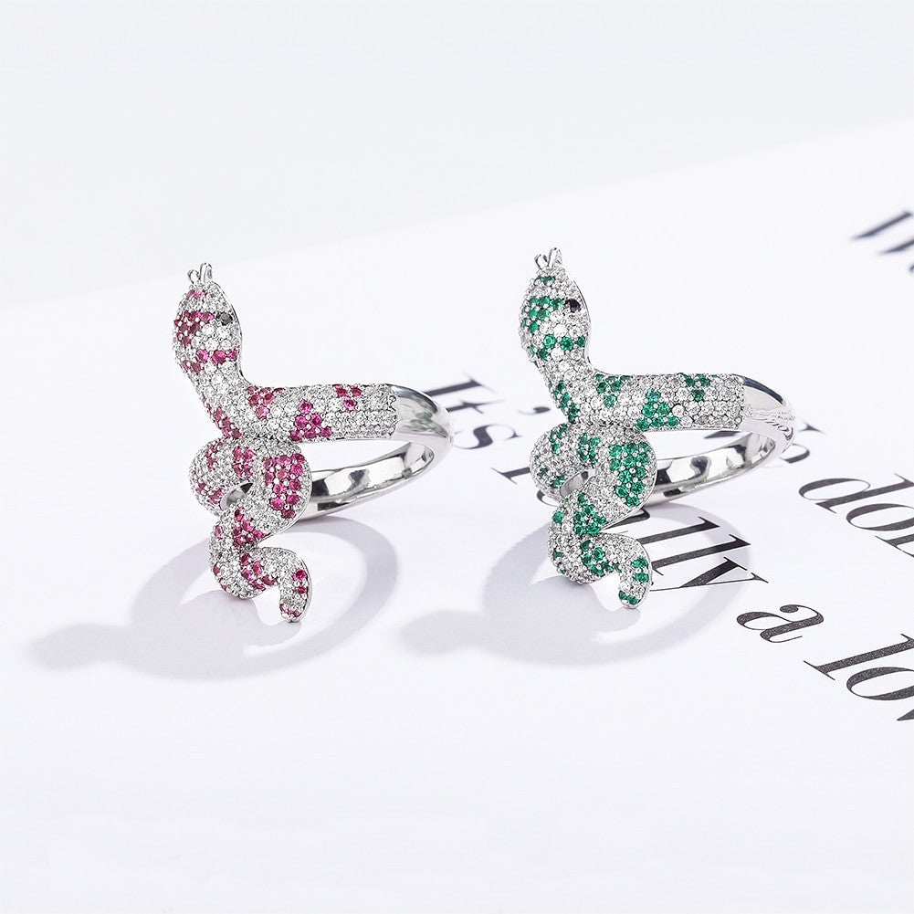 Green Pink AAA True Micro Pave Coral Snake Silver Bling Rings