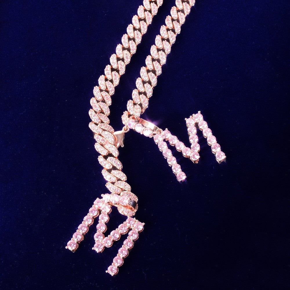 Pink AAA Diamond Simulate Tennis Letters 10MM Cuban Link Necklace Chain Pendants