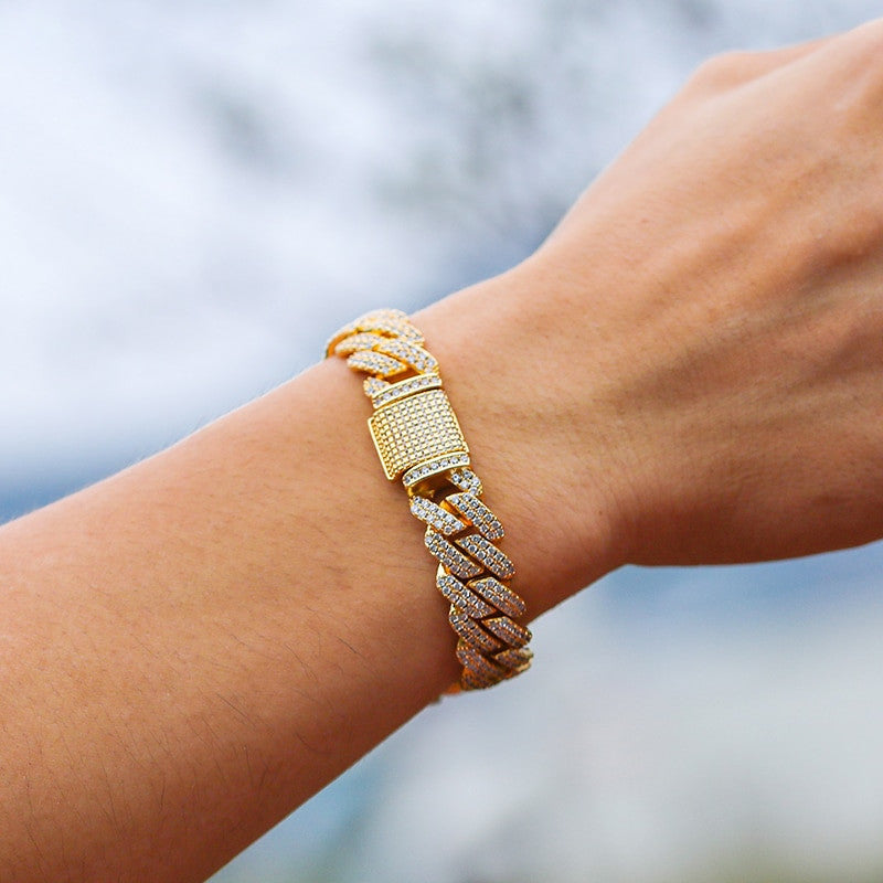 925 Silver 18k Gold Flooded Ice Close Cut Square Cuban Link Hip Hop Bracelet