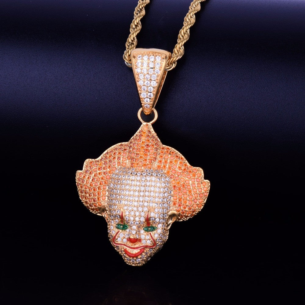 18k Gold .925 Micro Paved AAA Flooded Ice Killer Clown Hip Hop Pendant Chain Necklace