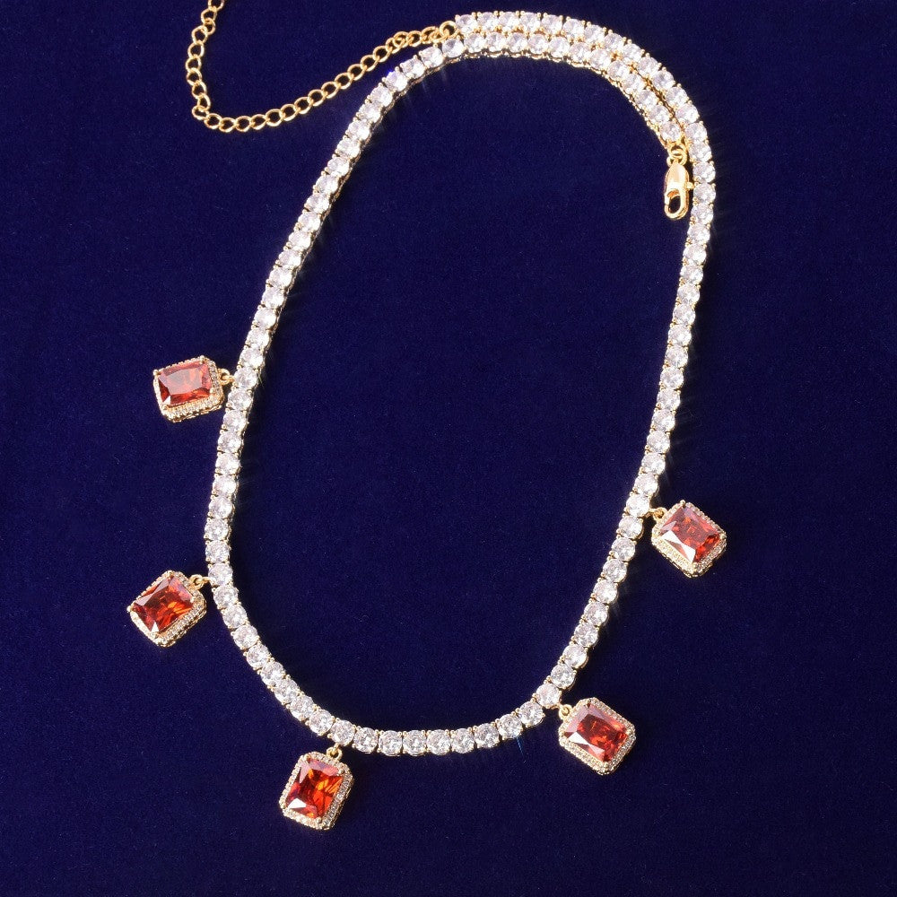 18k Gold .925 Silver Ruby Red Gemstone Adjustable Tennis Chain Flooded Ice Chain Necklace