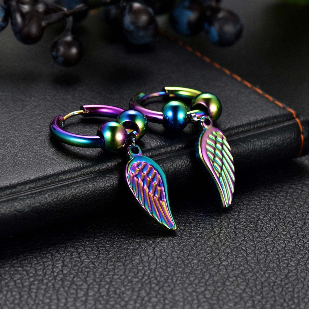 14k Rose Gold Rainbow Color Angel Wings Huggie Style Hoop Stainless Steel High Fashion Earrings