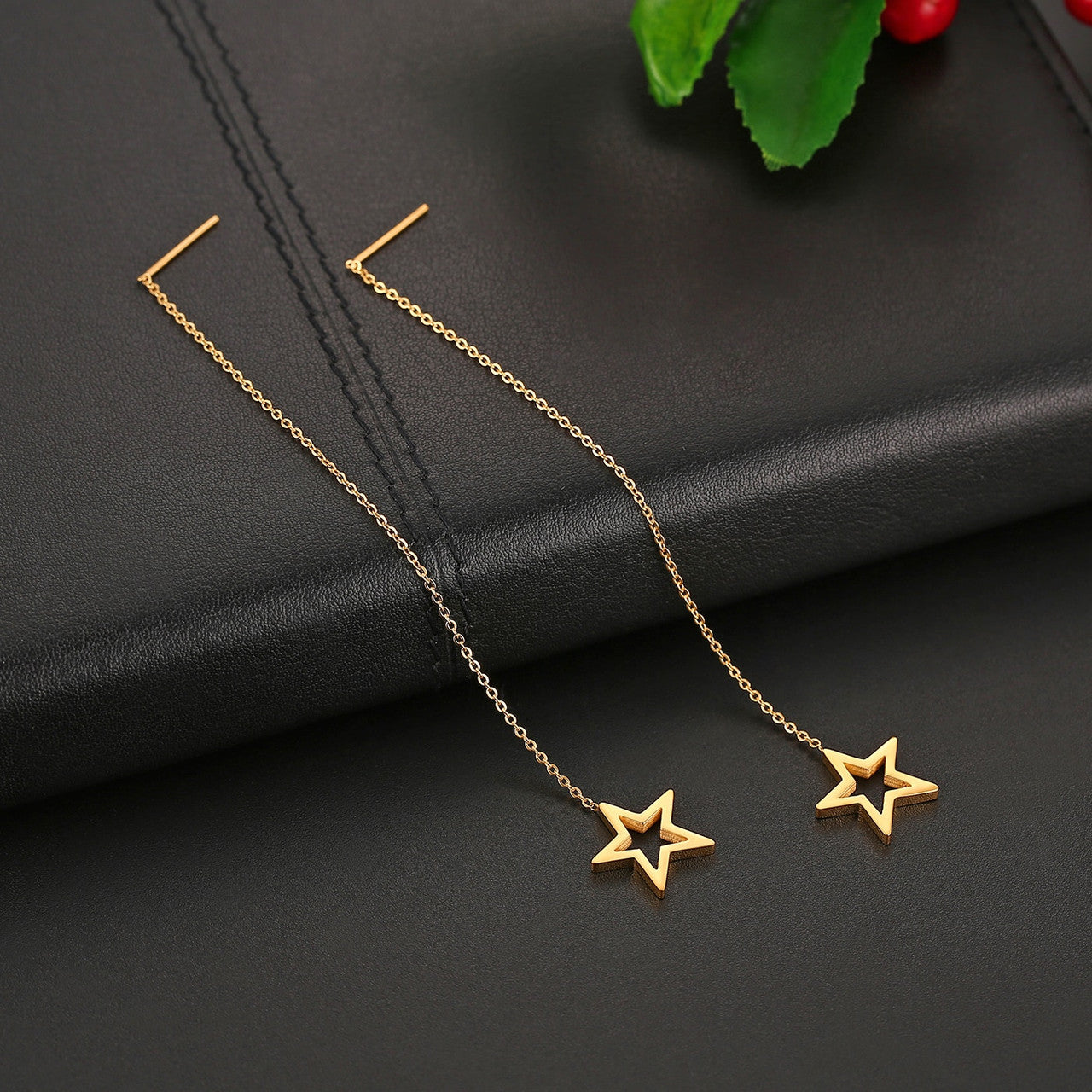 Womens Unique Design Long Fringed Dangling Stainless Star Circle Earrings