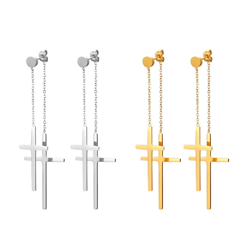 14k Gold Silver over Solid Stainless Steel Dangle Double Cross High Fashion Earrings